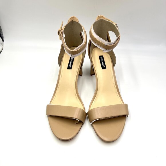 Nine West Womens Size 10 10M Pruce Nude Beige Leather Block Heels Sandals Shoes - Picture 2 of 15